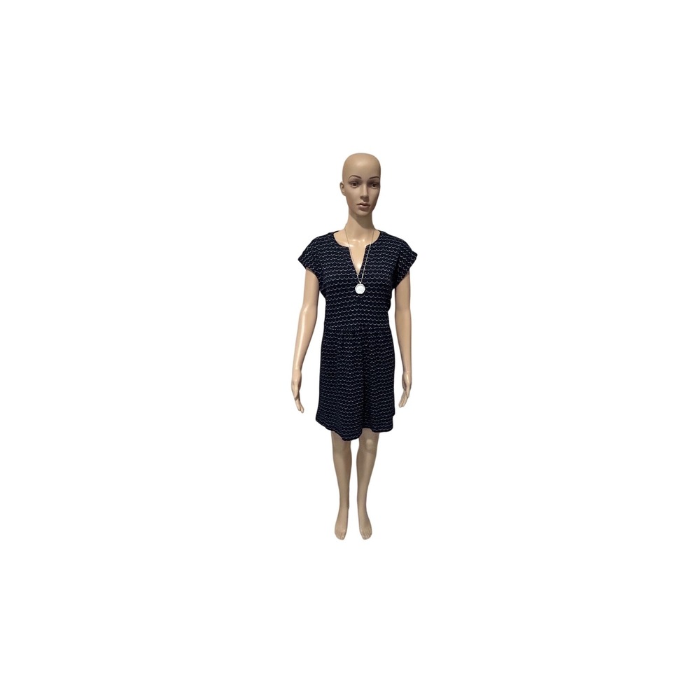 Loft Womens‎ Navy Blue Scallop Print Split Neck Short Sleeve Shift Dress Size M